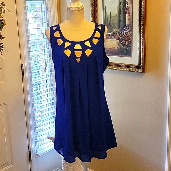 Blu pepper royal blue sleeveless dress metallic gold trim exposed zipper L EUC… - Picture 1 of 7